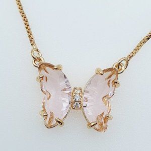 Birthstone Emerald Crystal Pink Butterfly Clavicle Necklace, WAAL1326